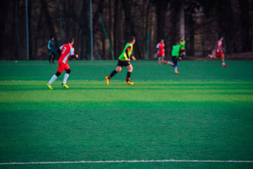 Obraz premium Football players on the green pitch, blurred background