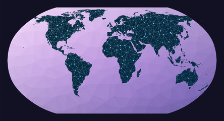 Global network concept. Robinson projection. World network map. Wired globe in Robinson projection on geometric low poly background. Trendy vector illustration. - obrazy, fototapety, plakaty