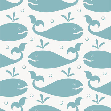 Fairytale cartoon fish whales. Seamless pattern with fantastic animals silhouettes. Vector flat image.