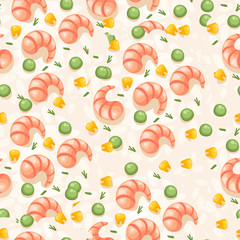 Seamless pattern of shrimp with green pea and corn seafood flat vector illustration on beige background