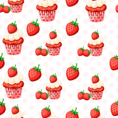 Seamless pattern of sweet strawberry cupcake with vanilla whipped cream and berry on top flat vector illustration