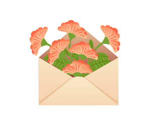 Paper envelope with orange flowers spring creative abstract design element flat vector illustration on white background