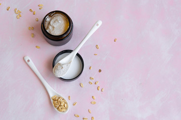 Hygiene bath product. Body, face scrub with biological oats. Wellness therapy regeneration