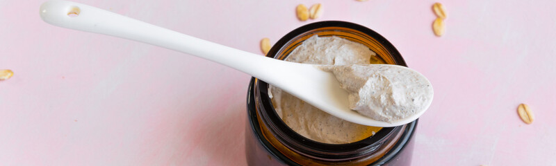 Hygiene bath product. Body, face scrub with biological oats. Wellness therapy regeneration