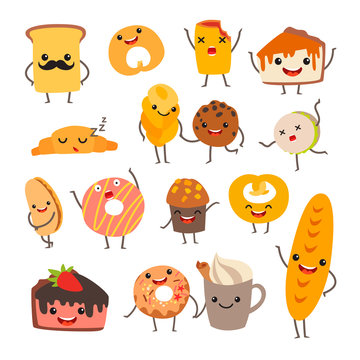 Funny bakery menu vector illustration. Cake characters with cute faces set. Smiley cheesecake and culinary collection. Emotional food comic set. Bakery icon, isolated on white background