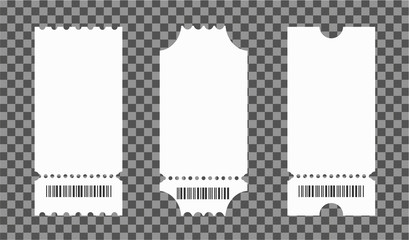 Set of empty ticket templates isolated on transparent background. Blank tickets mockup for entrance to the concert or show. Illustration - obrazy, fototapety, plakaty