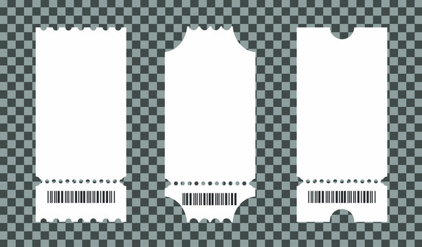 Set of empty ticket templates isolated on transparent background. Blank tickets mockup for entrance to the concert or show. Vector illustration