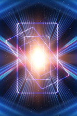 Obraz premium Dark abstract futuristic background. The geometric shape of the rectangle in the middle of the scene. Neon blue-pink rays of light on a dark background