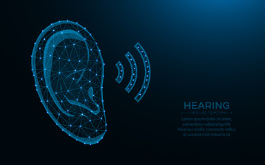 Hearing low poly design, Human ear wireframe mesh polygonal vector illustration made from points and lines on dark blue background