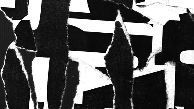 Stop motion animated ripped torn paper street posters. Abstract black and white motion background