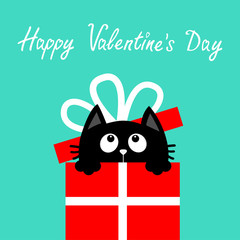 Cat inside red giftbox with bow. Happy Valentines Day. Cute cartoon kawaii funny animal. Kitten looking up. Kitty holding gift present box. Flat design. Blue background. Isolated.