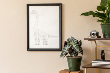 Retro interior design of living room with a lot of plants on the vintage cupboard, accessoreis and black mock up picture frame on the beige wall. Minimalistic concept of home decor. Template 