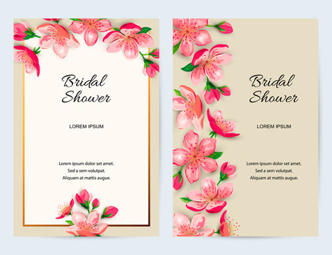 Spring Invitations With Blossom Sakura, Cherry Flowers. Place For Text. Great For Oriental Invite, Flyer, Beauty Offer, Wedding, Bridal Shower, Poster, Baby Shower, Mother's And Women's Day.