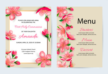 Spring invitations with blossom sakura, cherry flowers. Place for text. Great for oriental invite, flyer, beauty offer, wedding, bridal shower, poster, baby shower, Mother's and Women's day.