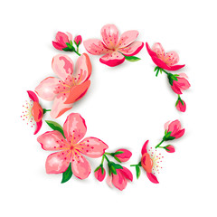 Blossom sakura, cherry flowers wreath. Place for text. Great for spring sale, oriental invite, flyer, beauty offer, wedding, bridal shower, poster, baby shower, Mother's and Women's day. Vector.