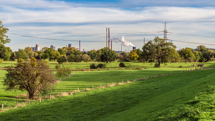 View from Orsoy over the meadows near the River Rhine in Duisburg, North Rhine-Westfalia, Germany