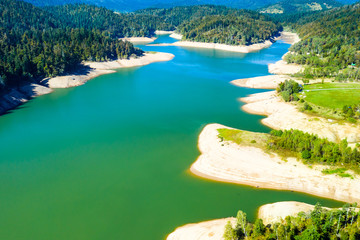 Croatia, Risnjak mountain and Lokvarsko lake in Gorski kotar in summer, panoramic view