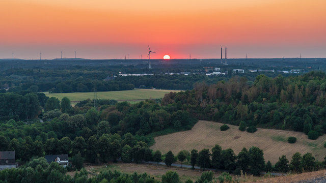Gladbeck, North Rhine-Westfalia, Germany - August 02, 2018: View over the Ruhr Area from the Mottbruchhalde