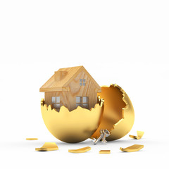 Wooden house icon inside on broken golden Easter egg shell isolated on a white background. 3D illustration