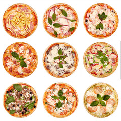 Big set of the best Italian pizzas isolated on white background. Limpopo, Chunga-changa, farm pizza, infoltini, pizza delicia, bavaria, mexico, margarita, caprese.