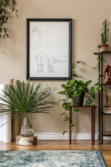 Stylish retro home staging of living room with black mock up poster frame, design furnitures, a lot...