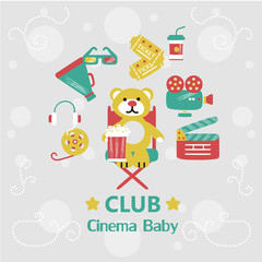 Design banner with cute teddy bear and text for children's cinema club. Flat style icons of creating and watching movies.