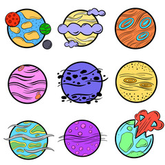 A Collection Icon Set of Imaginary Science Fiction Cartoon Planets and Worlds Illustration Vector