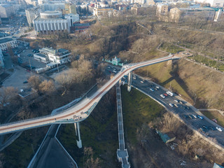 Aerial drone view. Pedestrian bridge between the hills in Kiev.