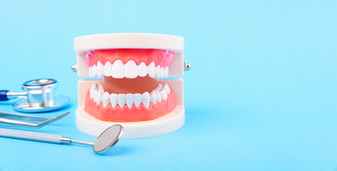 Dental Hygiene Health Concept, White tooth and Dentist tools for dental care