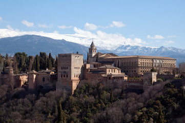 Fototapeta premium Granada Spain, Panorama of the Alhambra with snow capped sierra nevada mountains in background