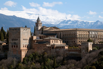 Granada Spain, Panorama of the Alhambra with snow capped sierra nevada mountains in background