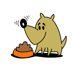 Isolated cute happy dog smelling his food. Funny cartoon style vector illustration.