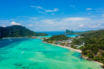 Naklejka premium Aerial drone photo of iconic tropical beach and resorts of Phi Phi island, Thailand