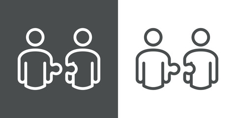 Símbolo trabajo en equipo. Icono plano lineal hombres como piezas de puzzle en fondo gris y fondo blanco