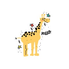 Vector cartoon drawing. Cute giraffe. Kids print. - 322950422