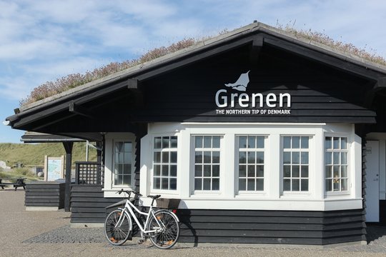 Sakgen, Denmark - September 7, 2015: Wooden house at the tip of Grenen, the northmost point of Denmark 