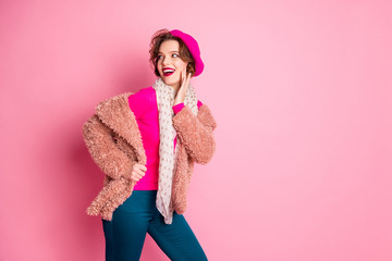 Portrait of lovely girlish girl coquette enjoy winter holidays attract boyfriend touch hands cheeks...