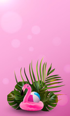 Tropical background. Flower and palm wallpaper. Flamingo banner. Vector jungle illustration. Colorful tropical background banner.