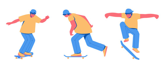 Skateboarding teen collection. Young man riding on a skateboard. 