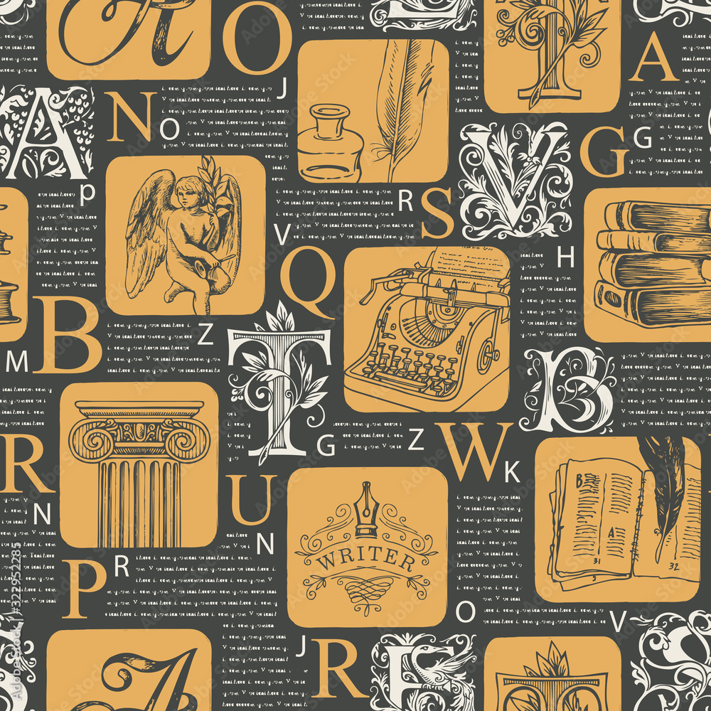 Poster vector seamless pattern with ornate initial letters and sketches on printed pages background. illegi