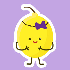 Lemon fruit sticker with Kawaii cute face. Girl with purple bow.