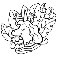 doodle Unicorn and tropical leaves. hand drawn thin line card about leisure and happiness. Cute unicorn with closed eyes and plant around.
