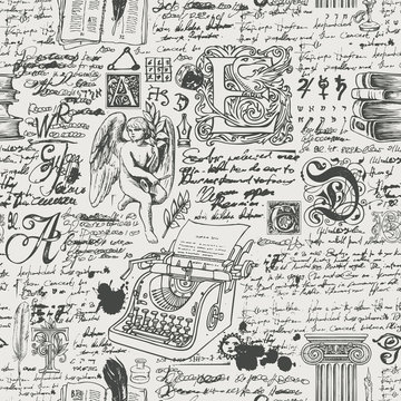 Vector seamless pattern on the theme of writers and literature. Abstract background with illegible handwritten notes and hand drawn sketches. Suitable for Wallpaper, wrapping paper, fabric