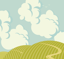 Vector landscape with green hills, road and sky with clouds. Decorative illustration or background in cartoon style.