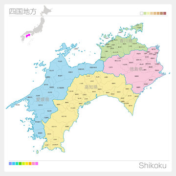 四国地方の地図・Shikoku（色分け）