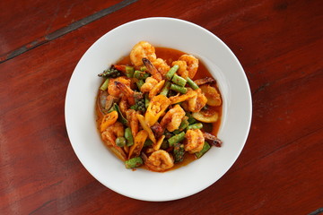Top view flat lay  OF FRIED CHILLI CURRY PAST WITH PRAWNS.Thailand food Thai style.