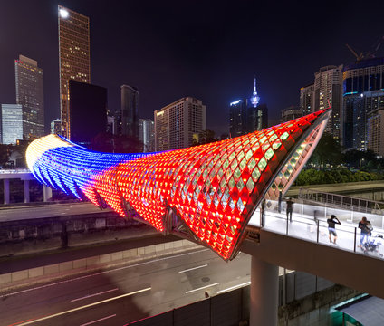 new attraction at kuala lumpur, saloma link bridge lit at night aerial view