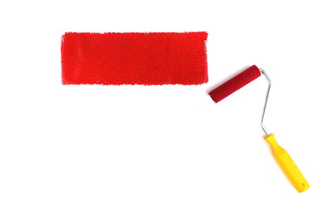 mock up of red paint strip and painting roller on white background