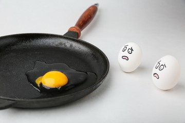conceptual photo of a fright. frightened eggs are looking at the pan