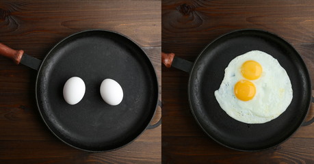 collage with raw eggs in a pan and fried eggs